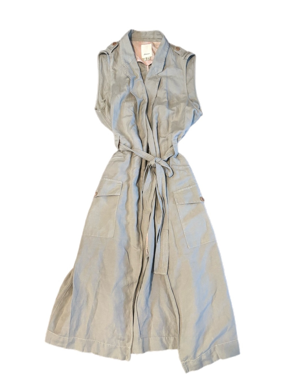 Anthropologie Elevenses "Englae" Trench Vest Duster Open Dress Utility Khaki XL